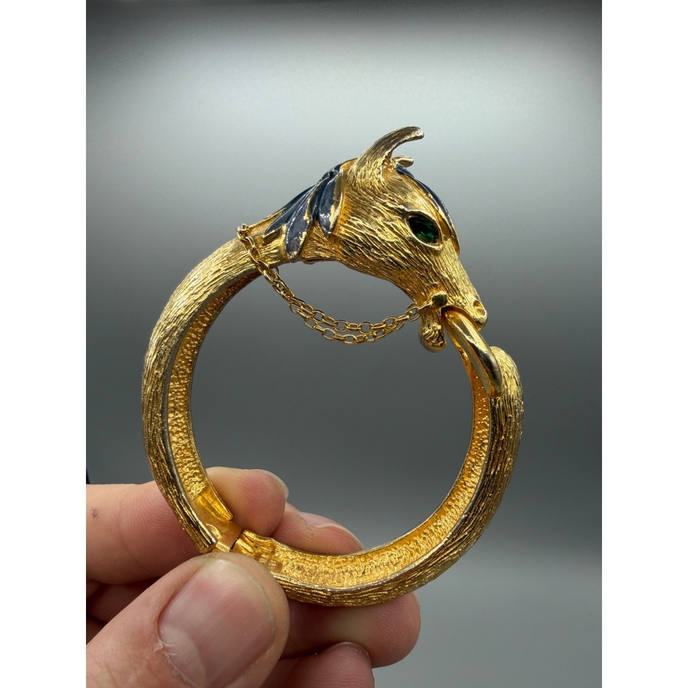 Extremely Rare Pauline Rader Horse Head Bangle Bracelet Gold Tone Enamel #1059